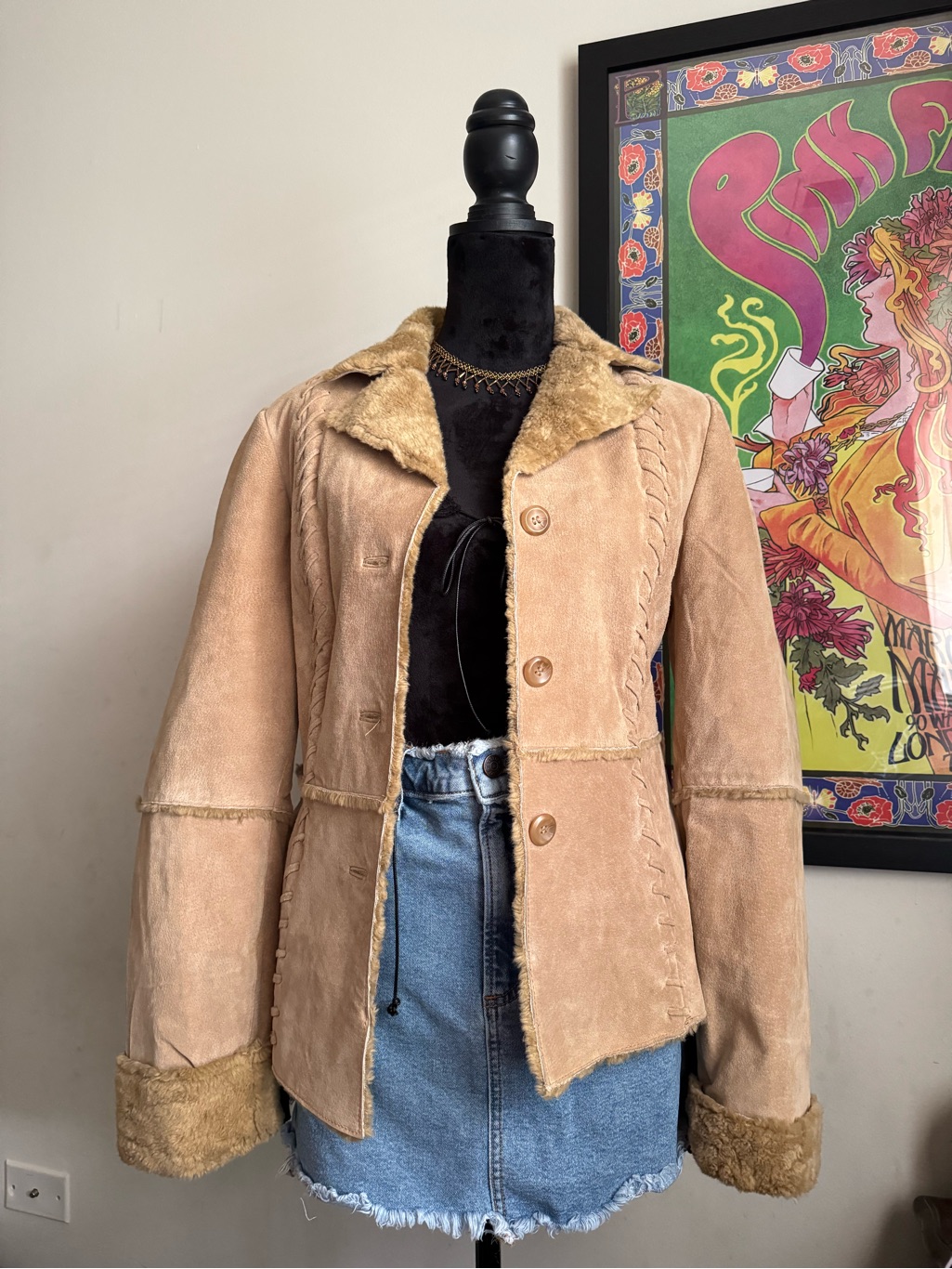 Esprit Tan Suede Shearling-Trim Jacket